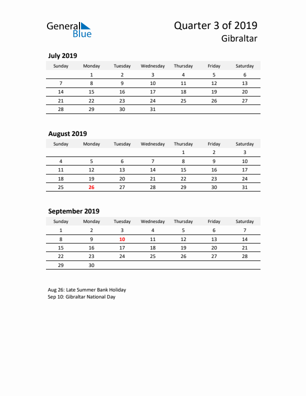 2019 Q3 Three-Month Calendar for Gibraltar