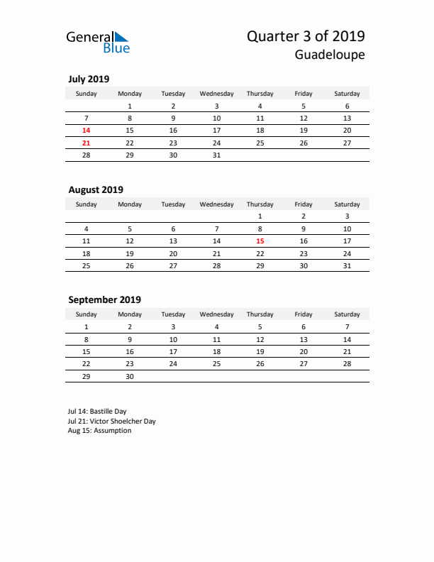 2019 Q3 Three-Month Calendar for Guadeloupe