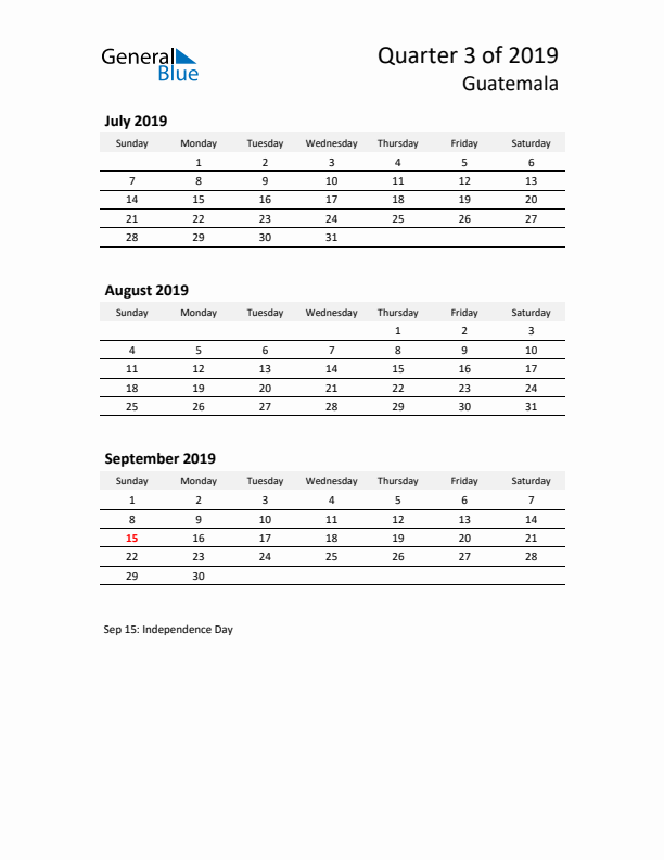 2019 Q3 Three-Month Calendar for Guatemala