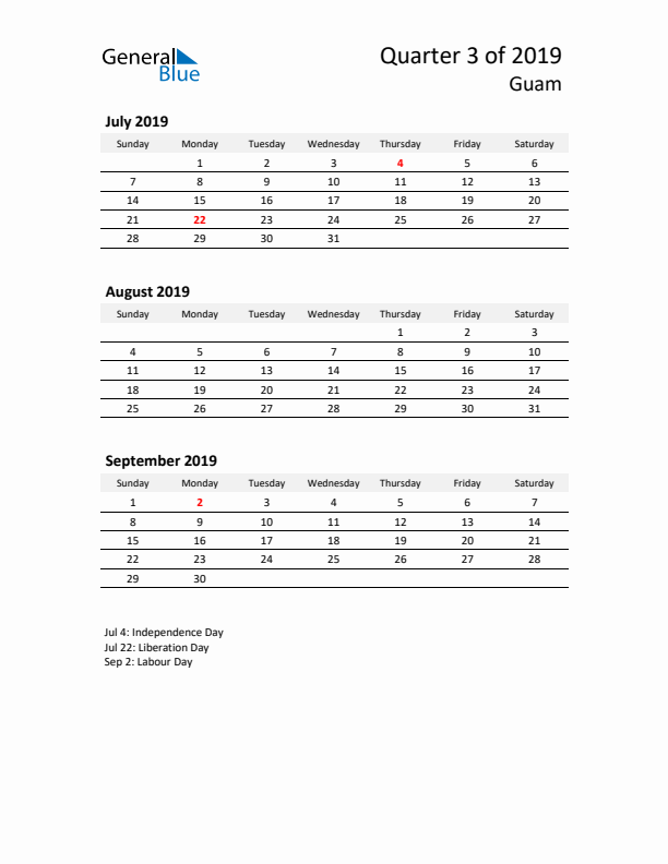 2019 Q3 Three-Month Calendar for Guam