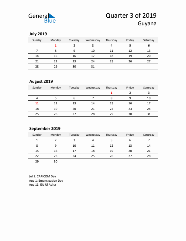 2019 Q3 Three-Month Calendar for Guyana