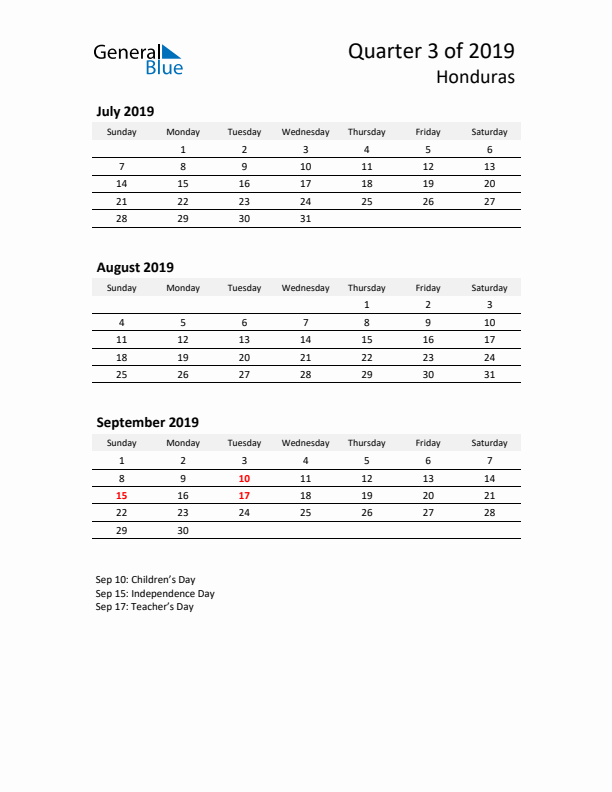 2019 Q3 Three-Month Calendar for Honduras