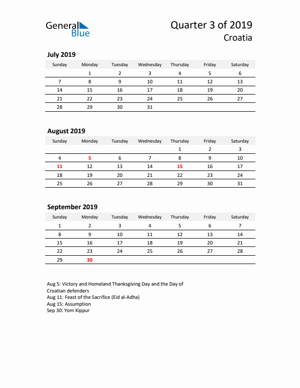 2019 Q3 Three-Month Calendar for Croatia