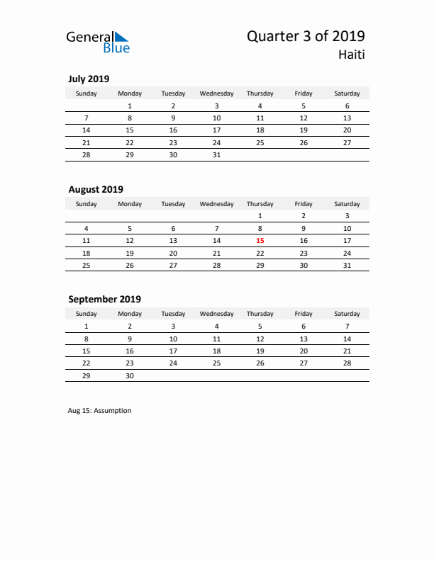 2019 Q3 Three-Month Calendar for Haiti