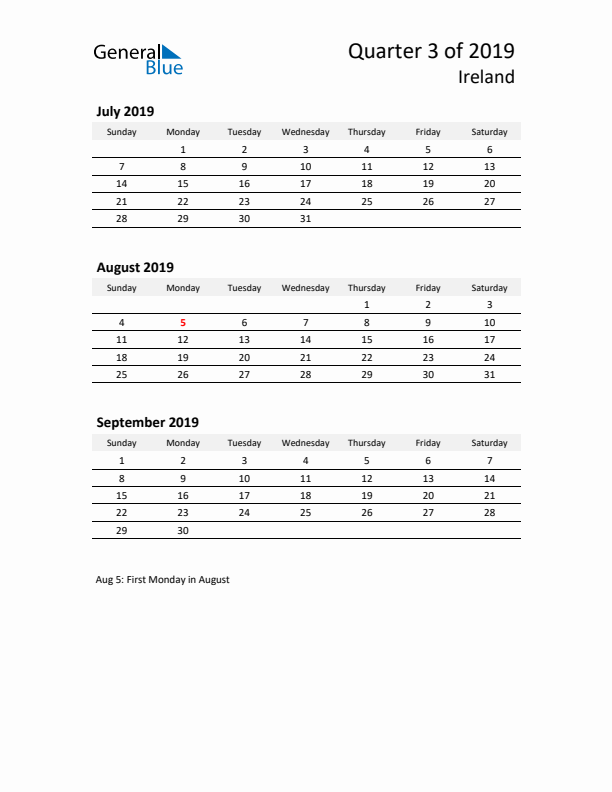 2019 Q3 Three-Month Calendar for Ireland