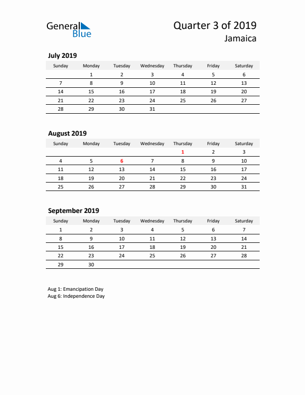 2019 Q3 Three-Month Calendar for Jamaica