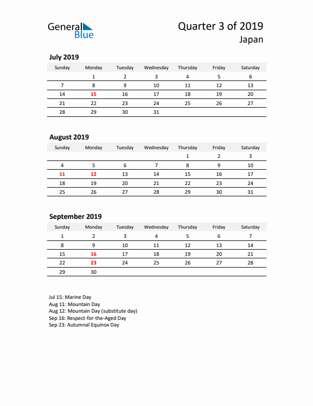 2019 Q3 Three-Month Calendar for Japan