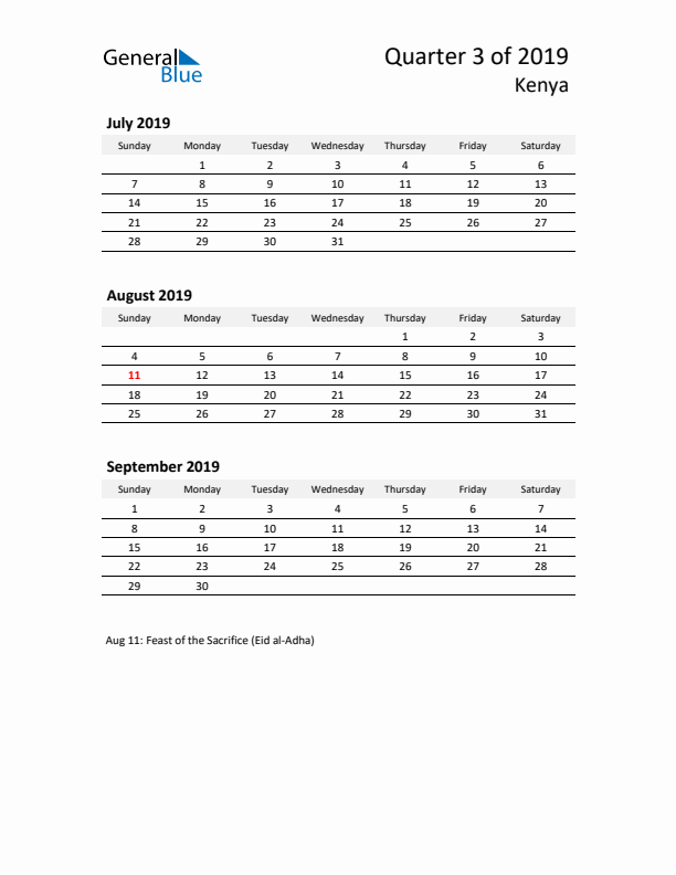 2019 Q3 Three-Month Calendar for Kenya