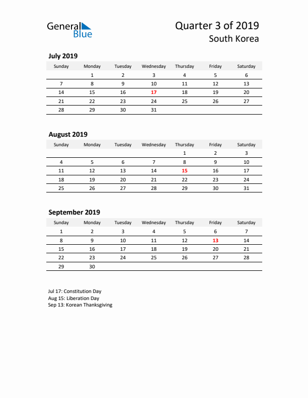 2019 Q3 Three-Month Calendar for South Korea