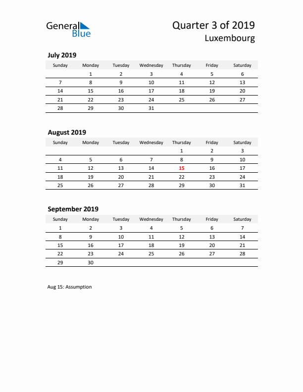 2019 Q3 Three-Month Calendar for Luxembourg