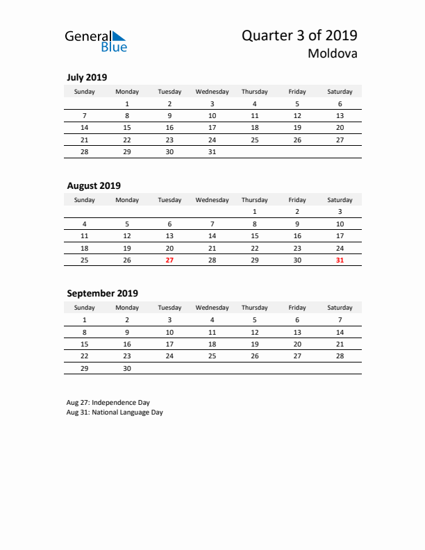 2019 Q3 Three-Month Calendar for Moldova