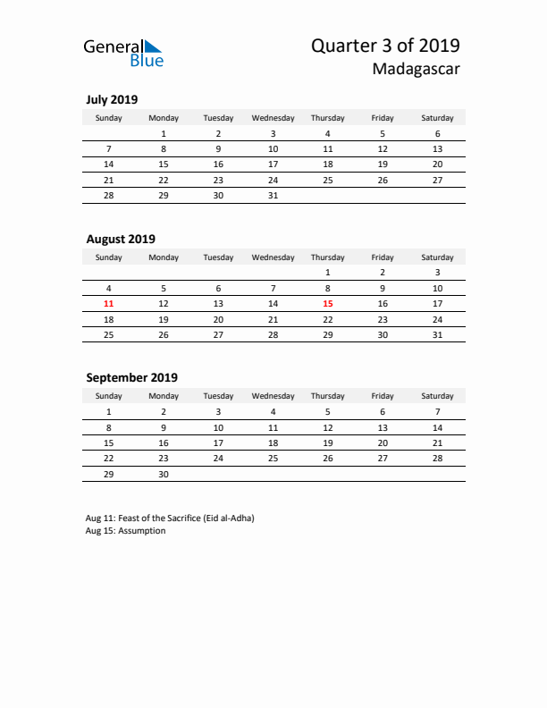 2019 Q3 Three-Month Calendar for Madagascar