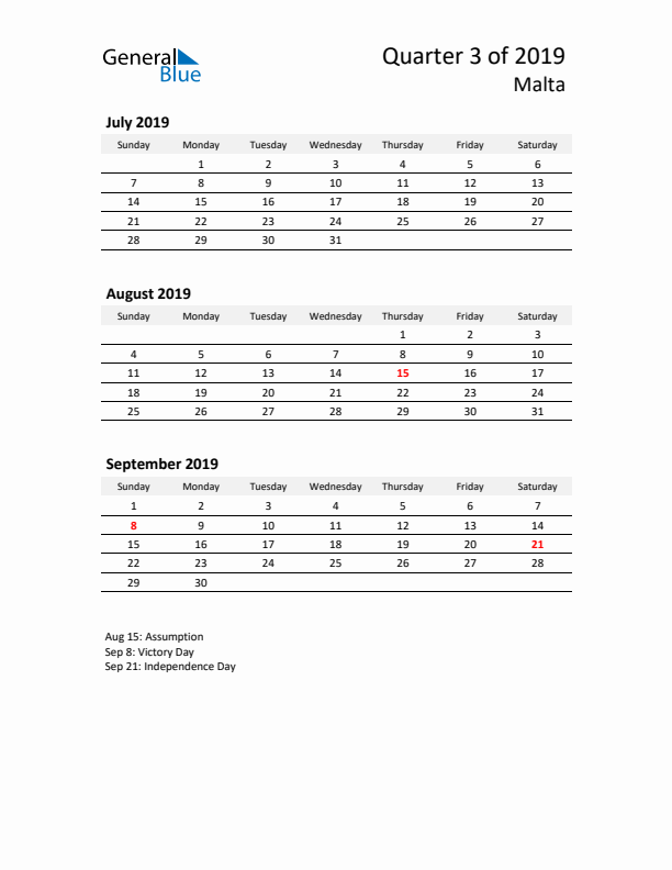 2019 Q3 Three-Month Calendar for Malta