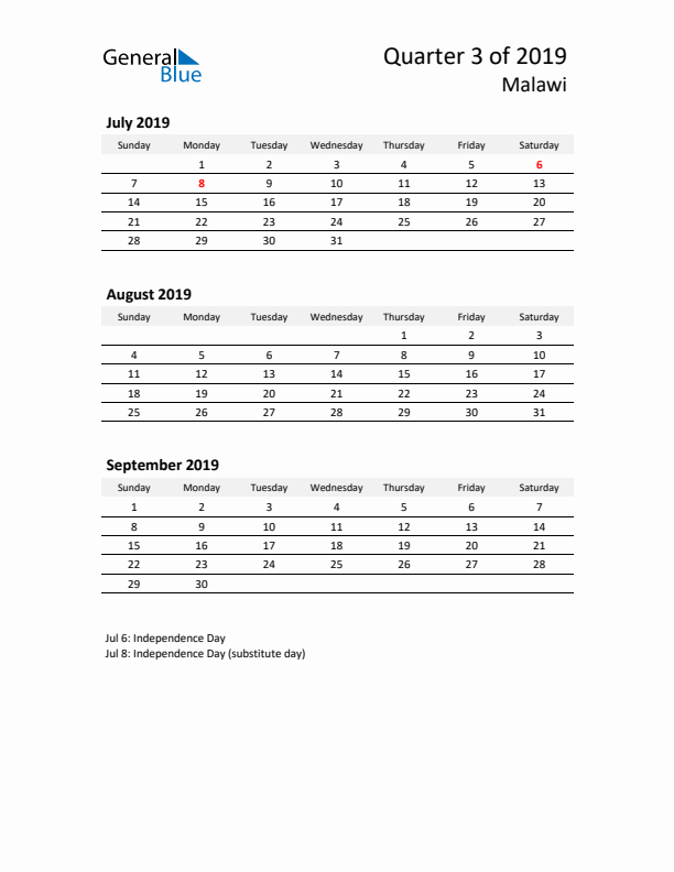 2019 Q3 Three-Month Calendar for Malawi