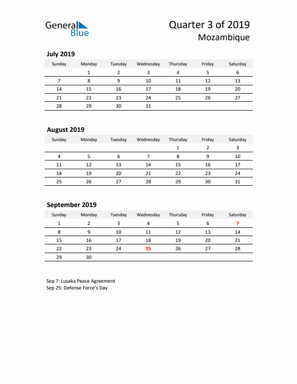 2019 Q3 Three-Month Calendar for Mozambique