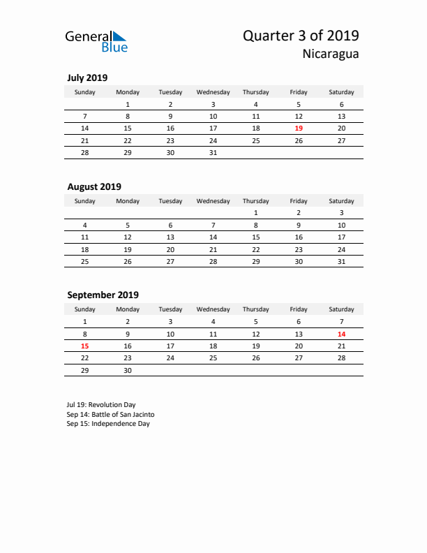 2019 Q3 Three-Month Calendar for Nicaragua