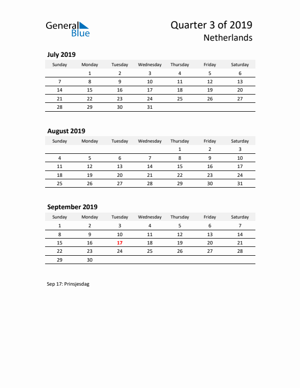 2019 Q3 Three-Month Calendar for The Netherlands