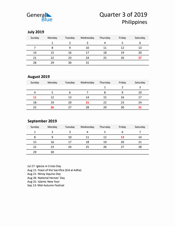 2019 Q3 Three-Month Calendar for Philippines