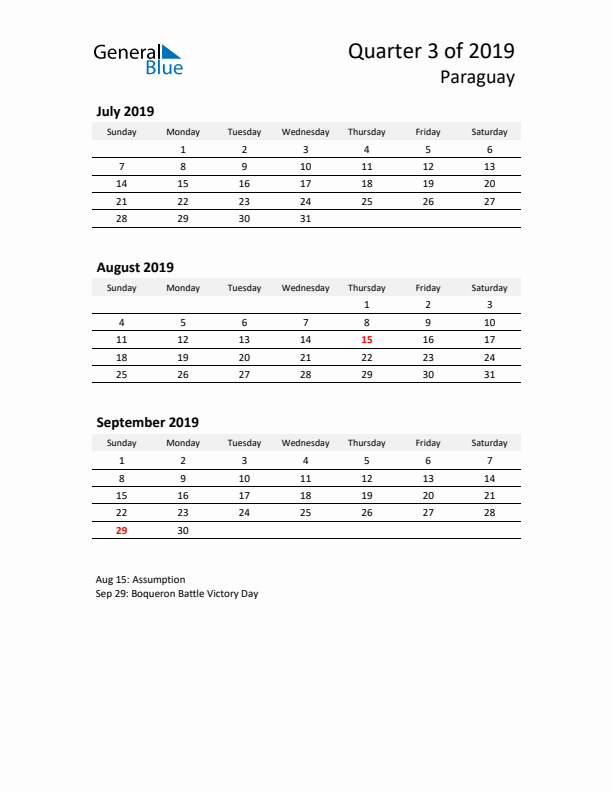 2019 Q3 Three-Month Calendar for Paraguay