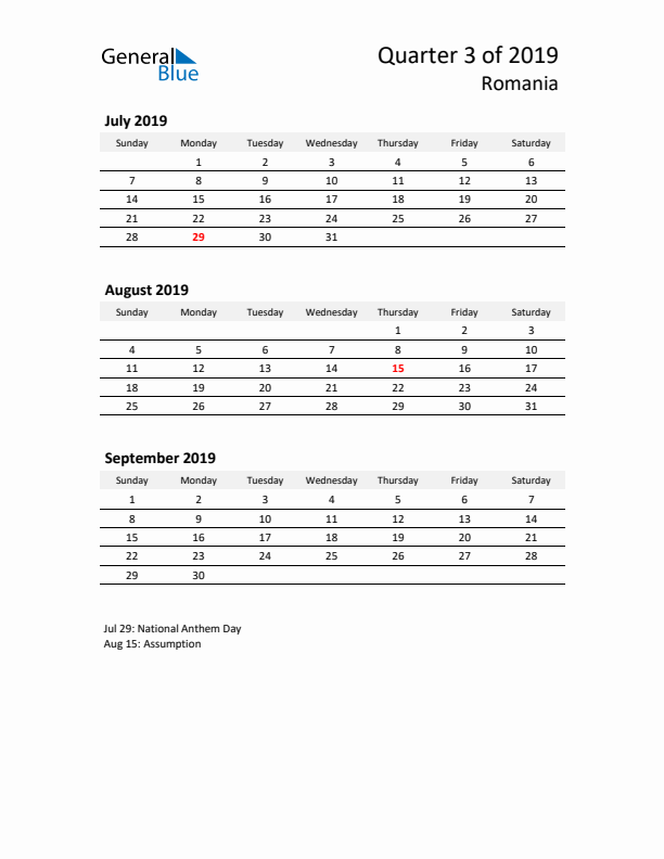 2019 Q3 Three-Month Calendar for Romania