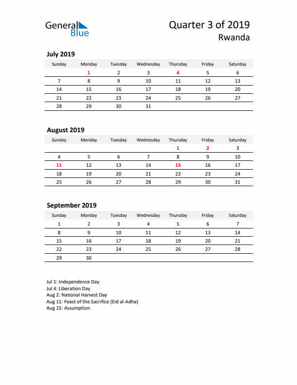 2019 Q3 Three-Month Calendar for Rwanda