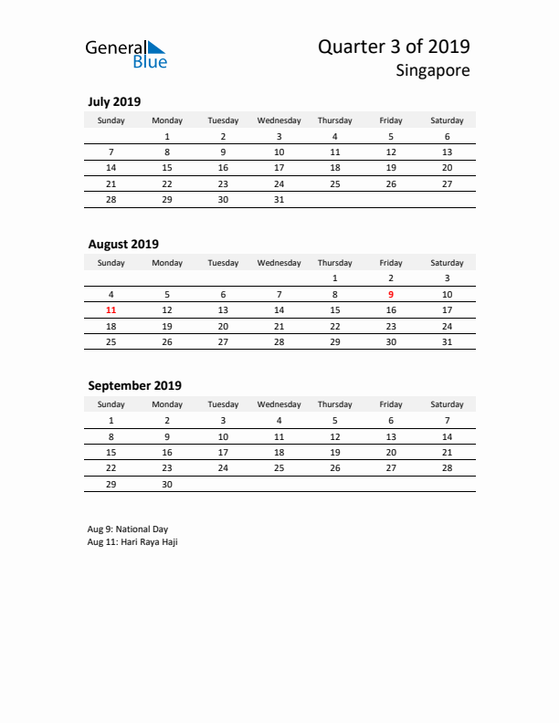 2019 Q3 Three-Month Calendar for Singapore