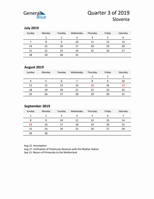 2019 Q3 Three-Month Calendar for Slovenia