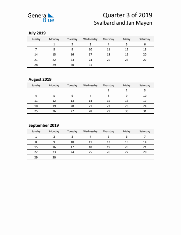 2019 Q3 Three-Month Calendar for Svalbard and Jan Mayen