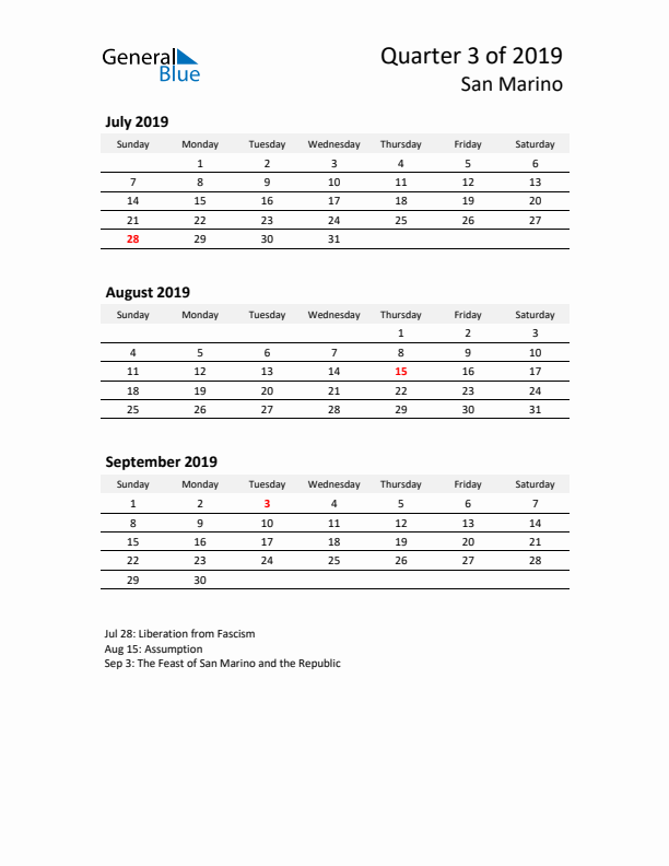 2019 Q3 Three-Month Calendar for San Marino