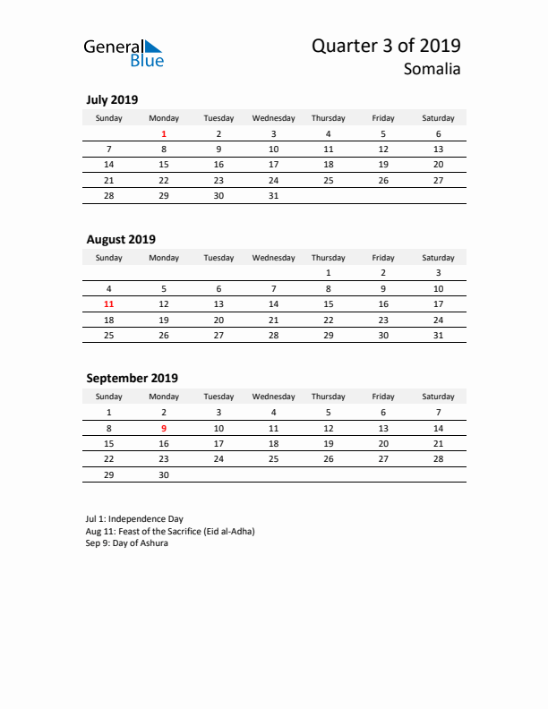 2019 Q3 Three-Month Calendar for Somalia