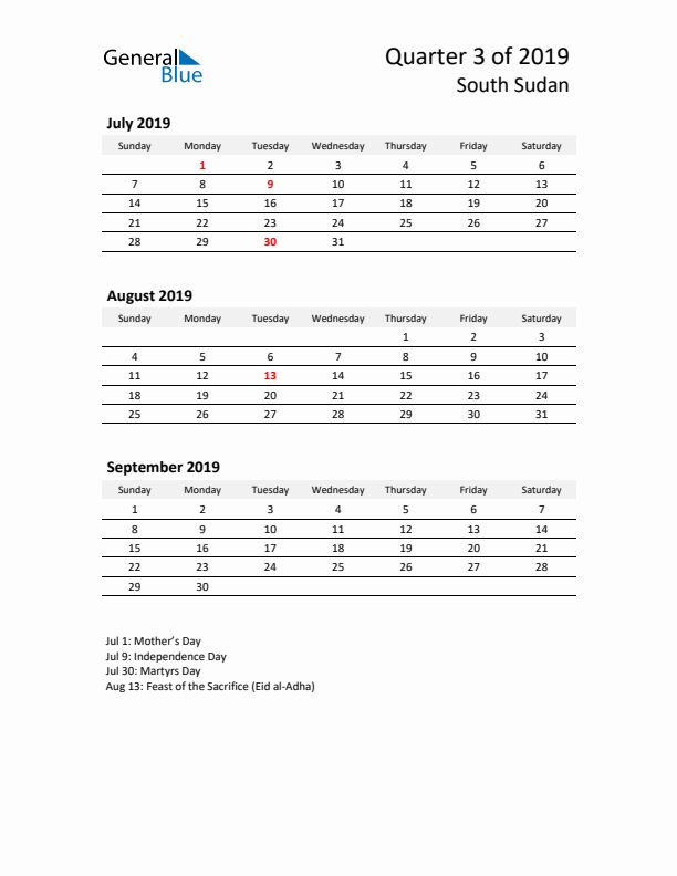 2019 Q3 Three-Month Calendar for South Sudan