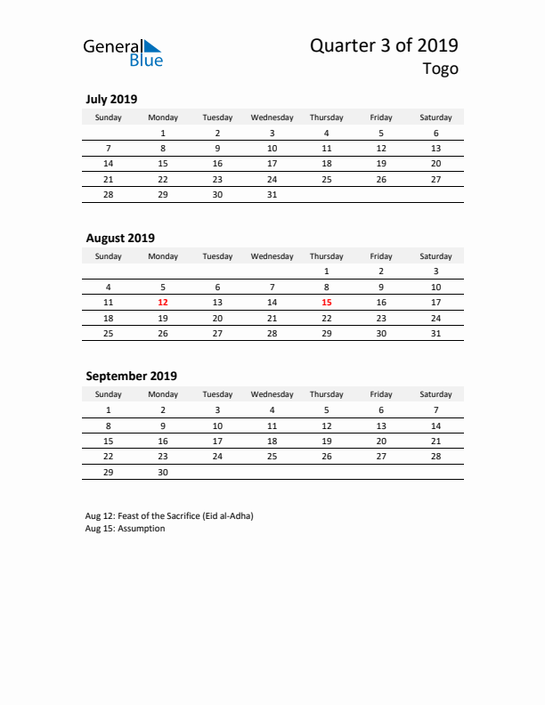 2019 Q3 Three-Month Calendar for Togo