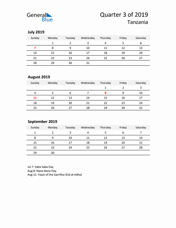 2019 Q3 Three-Month Calendar for Tanzania