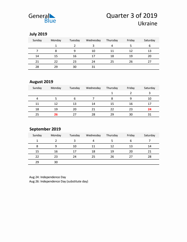 2019 Q3 Three-Month Calendar for Ukraine