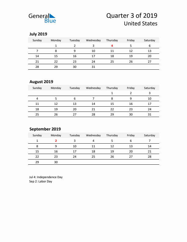 2019 Q3 Three-Month Calendar for United States