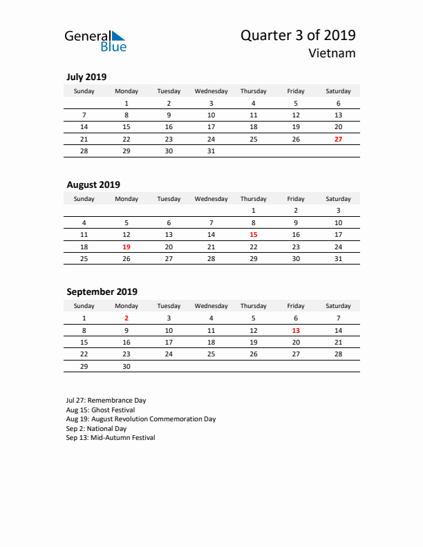 2019 Q3 Three-Month Calendar for Vietnam