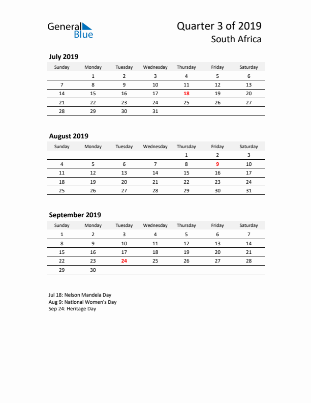 2019 Q3 Three-Month Calendar for South Africa