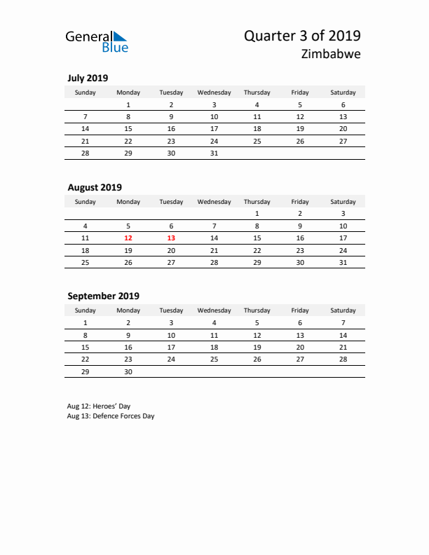 2019 Q3 Three-Month Calendar for Zimbabwe