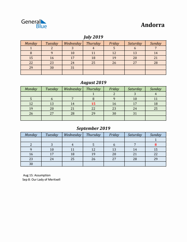 Q3 2019 Holiday Calendar - Andorra