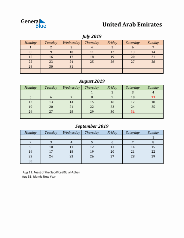 Q3 2019 Holiday Calendar - United Arab Emirates