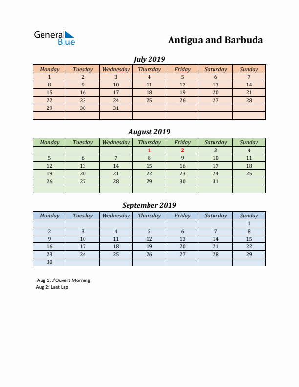 Q3 2019 Holiday Calendar - Antigua and Barbuda