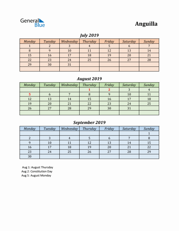 Q3 2019 Holiday Calendar - Anguilla