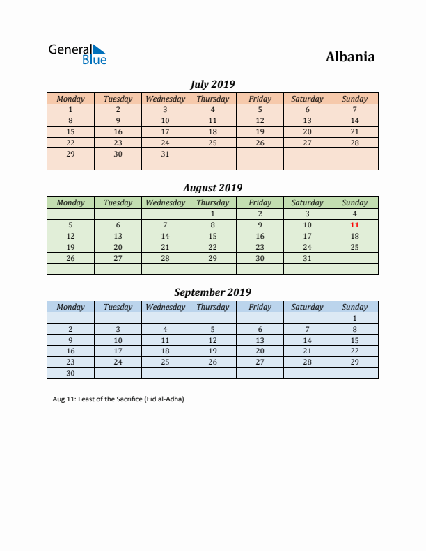 Q3 2019 Holiday Calendar - Albania