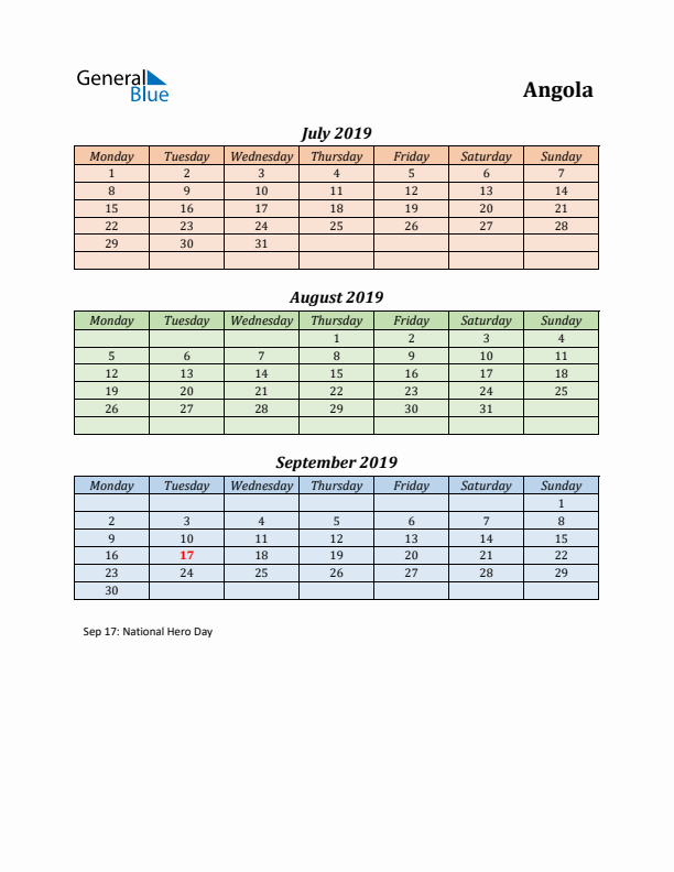 Q3 2019 Holiday Calendar - Angola