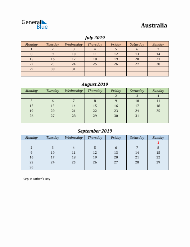 Q3 2019 Holiday Calendar - Australia