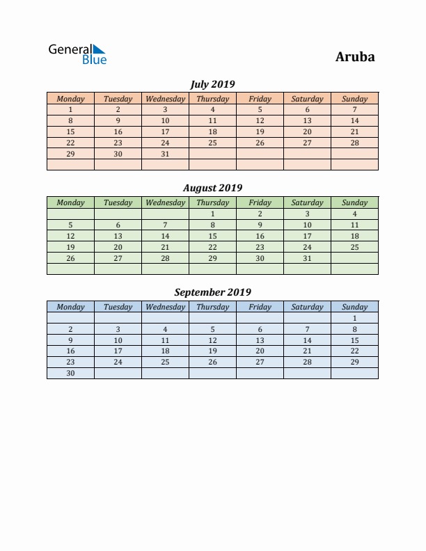 Q3 2019 Holiday Calendar - Aruba