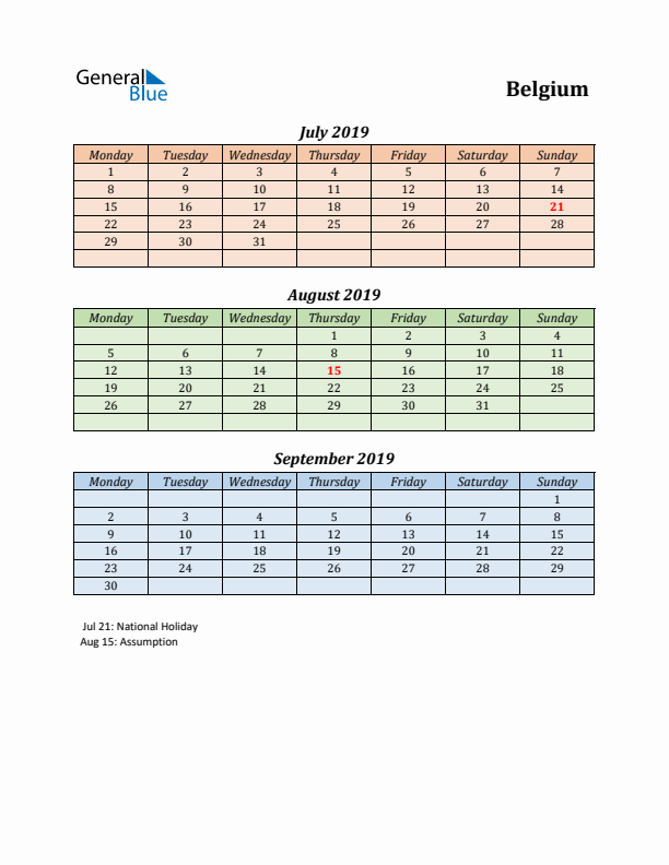 Q3 2019 Holiday Calendar - Belgium