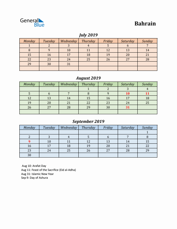 Q3 2019 Holiday Calendar - Bahrain