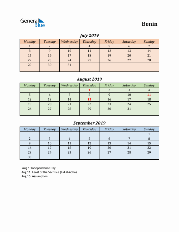 Q3 2019 Holiday Calendar - Benin