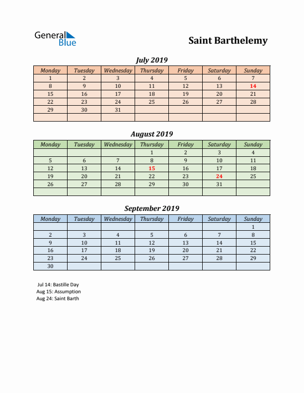 Q3 2019 Holiday Calendar - Saint Barthelemy